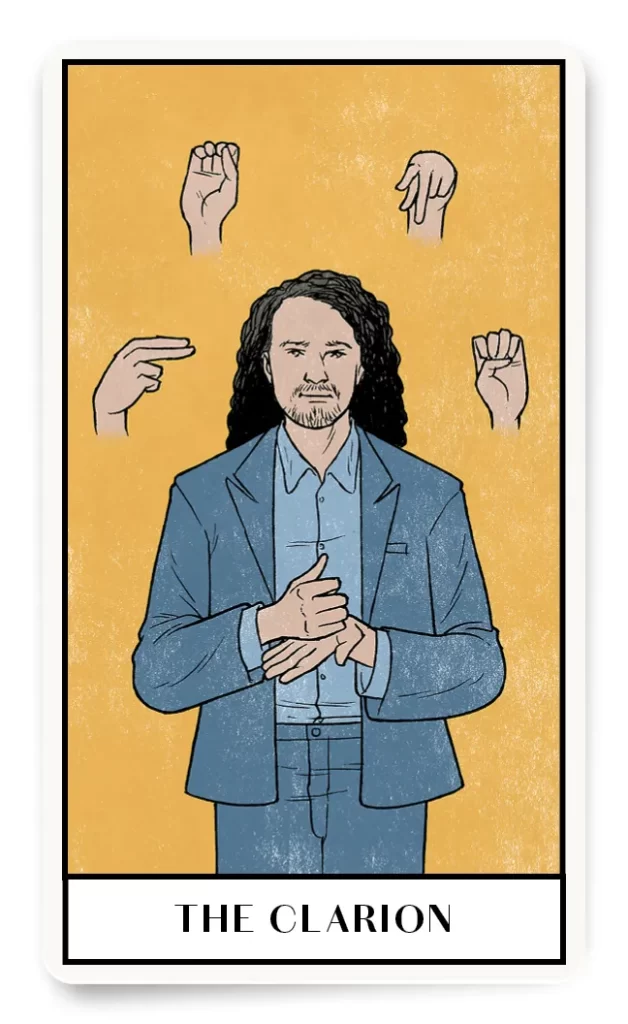 Illustration of a long haired man in a blue suit with hands spelling H O P E in American Sign Language over his head, captioned on the bottom "THE CLARION."